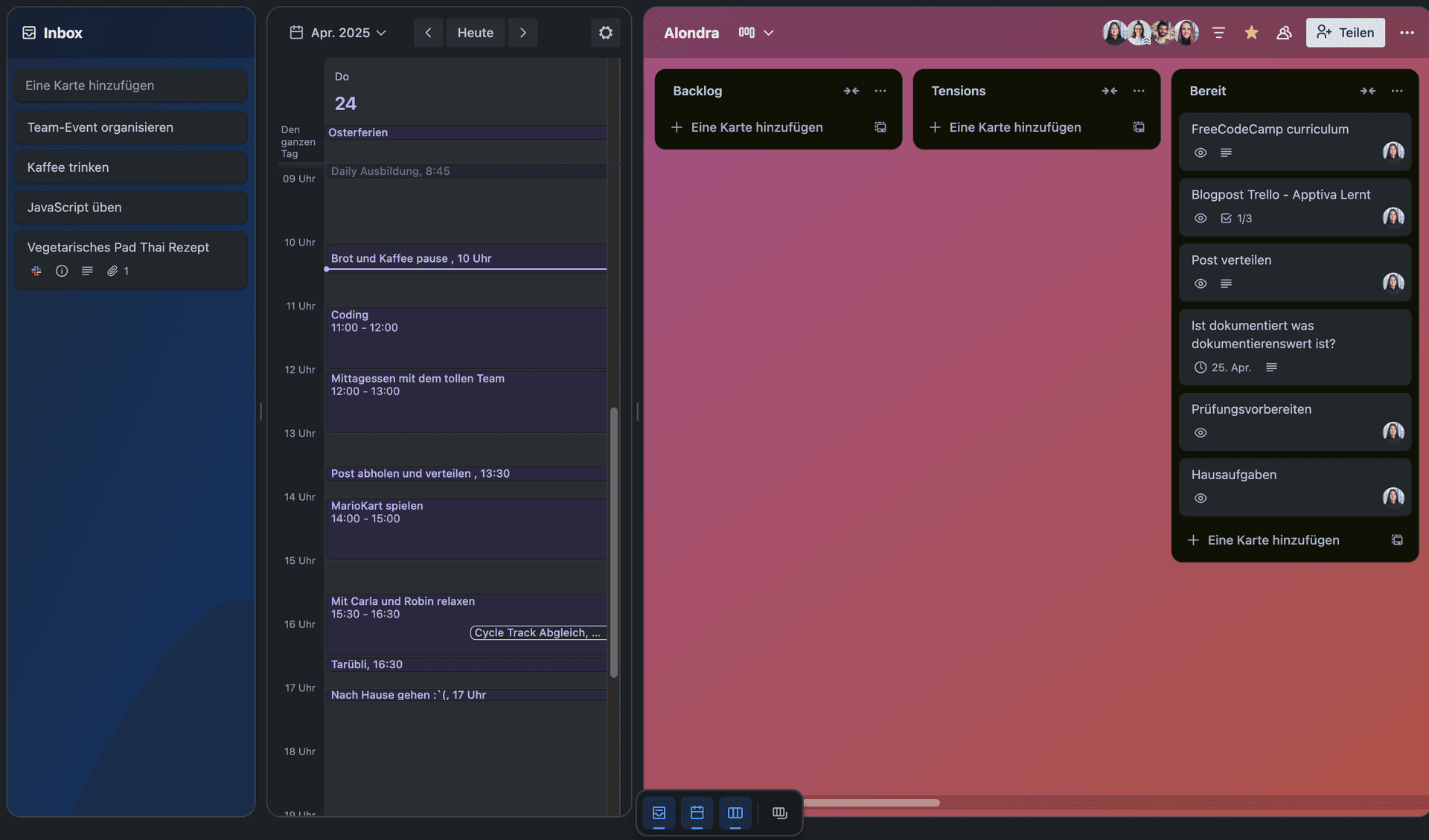 Inbox, Planner und mein Board direkt und schnell auf einem Blick.